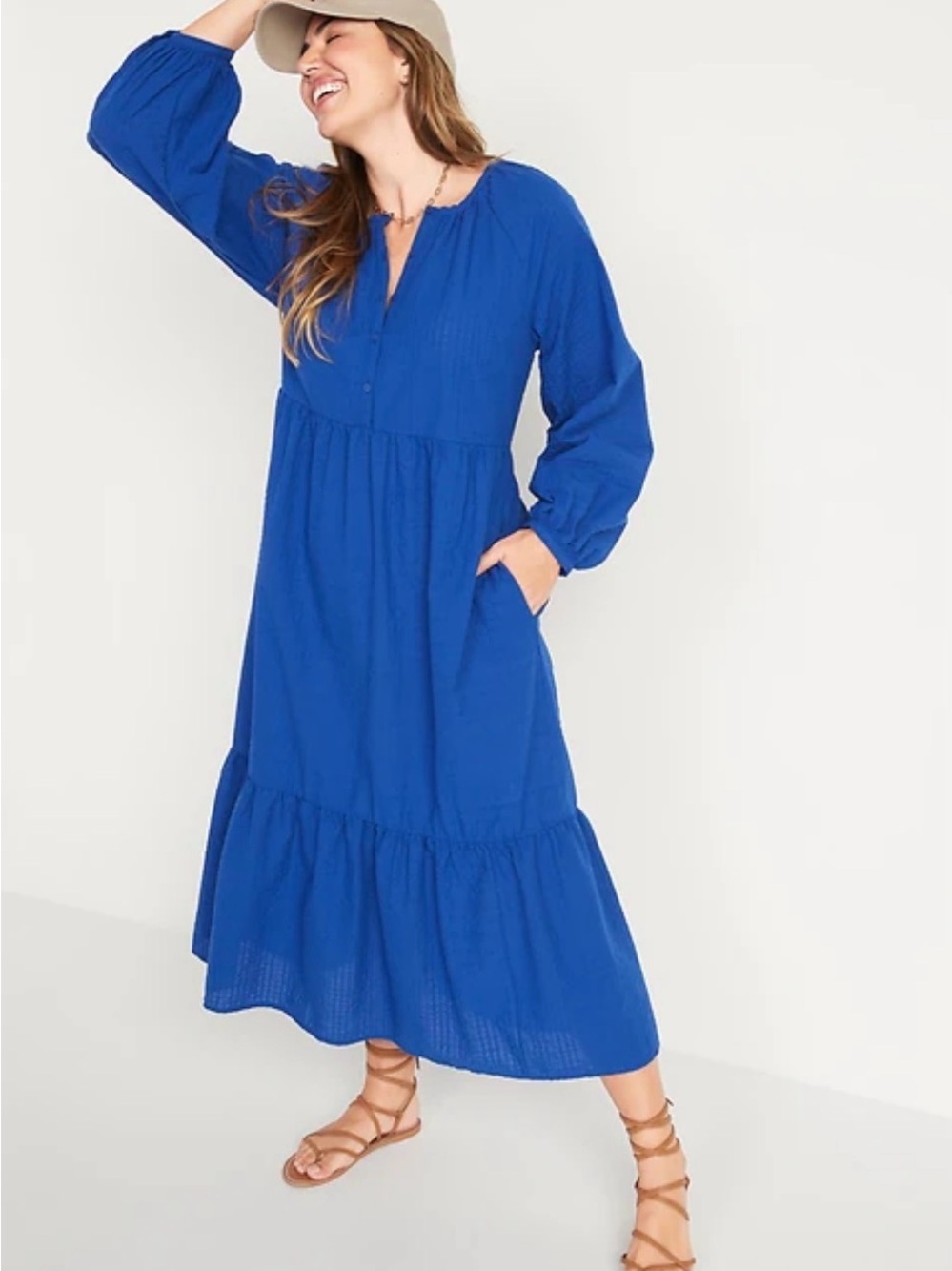 Old Navy Royal Blue Long Sleeve Tiered Midi Dress